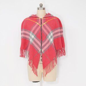 Burberry Hooded Cashmere Zip Poncho Cape – Pink House Check – Fringe Hem – Made